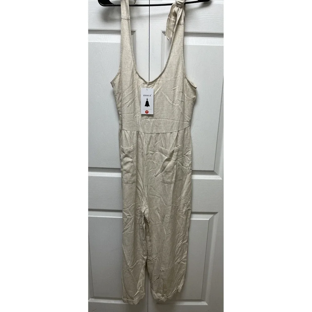 ZESICA Women's Summer Loose Sleeveless Jumpsuits Linen Adjustable Straps Oversiz